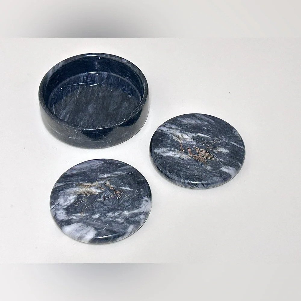 Vtg Executive Set of 2 Black Marble MOBIL Gas Oil Pegasus Logo Drink Coasters